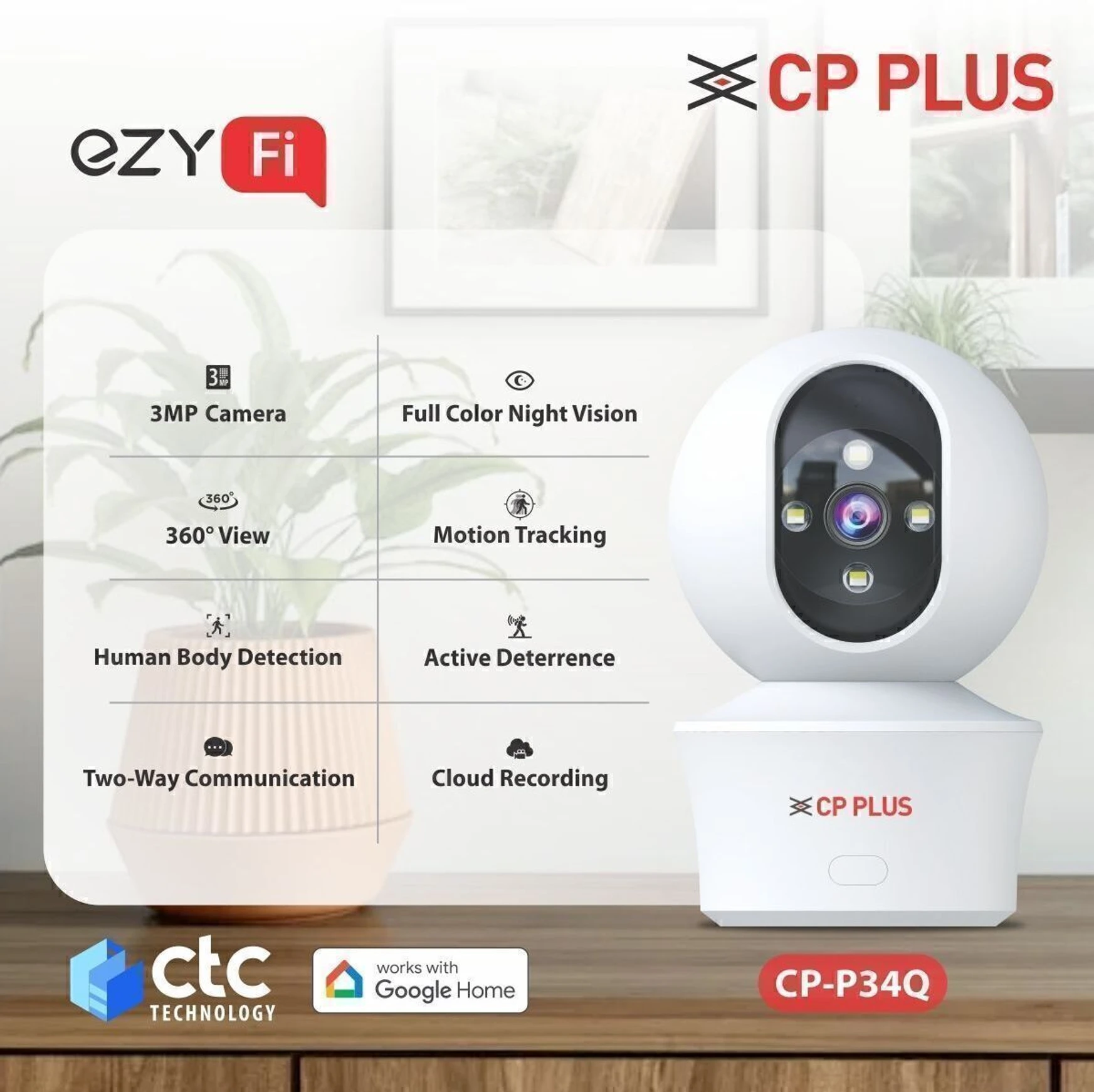 CP PLUS EZ-P34Q 3MP Smart Wi-Fi CCTV Camera with 360